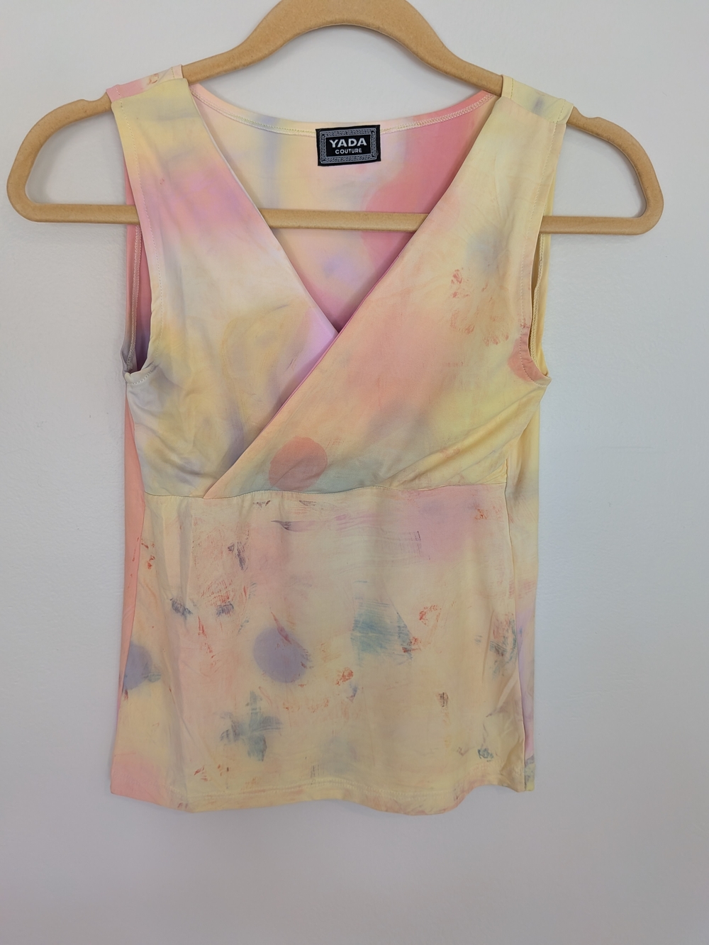 Hand Painted Italian Lycra Wrap Top Yellow Pink Blue Abstract Sleeveless Tank